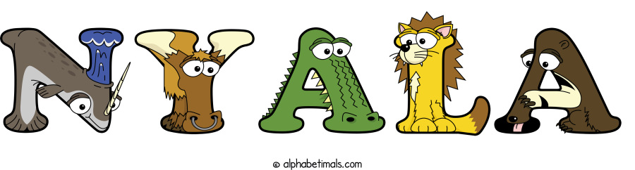 Nyala animal word art spelling Nyala with Alphabetimals - cartoon alphabet animals