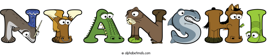 Nyanshi animal word art spelling Nyanshi with Alphabetimals - cartoon alphabet animals