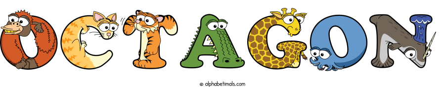 Octagon animal word art spelling Octagon with Alphabetimals - cartoon alphabet animals
