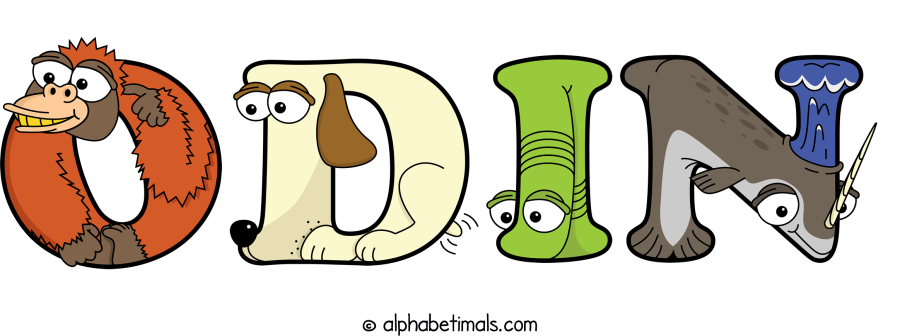 Odin animal word art spelling Odin with Alphabetimals - cartoon alphabet animals