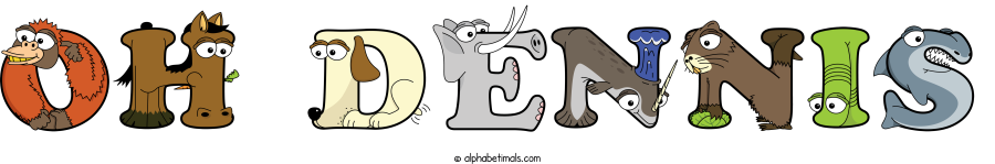 Oh Dennis animal word art spelling Oh Dennis with Alphabetimals - cartoon alphabet animals