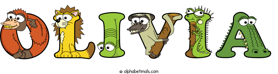 Olivia animal word art spelling Olivia with Alphabetimals - cartoon alphabet animals