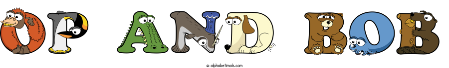 Op And Bob animal word art spelling Op And Bob with Alphabetimals - cartoon alphabet animals