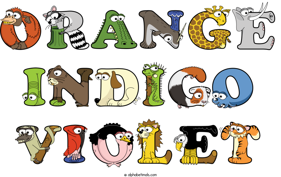 Orange Indigo Violet animal word art spelling Orange Indigo Violet with Alphabetimals - cartoon alphabet animals