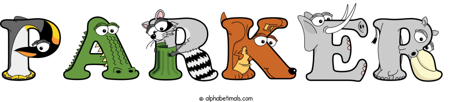 Parker animal word art spelling Parker with Alphabetimals - cartoon alphabet animals