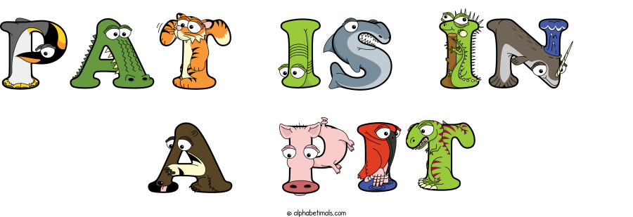 Pat Is In  A Pit animal word art spelling Pat Is In  A Pit with Alphabetimals - cartoon alphabet animals