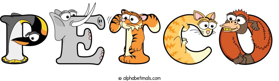 Petco animal word art spelling Petco with Alphabetimals - cartoon alphabet animals
