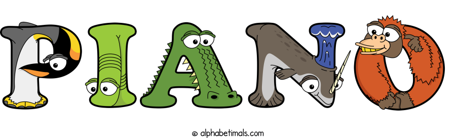 Piano animal word art spelling Piano with Alphabetimals - cartoon alphabet animals