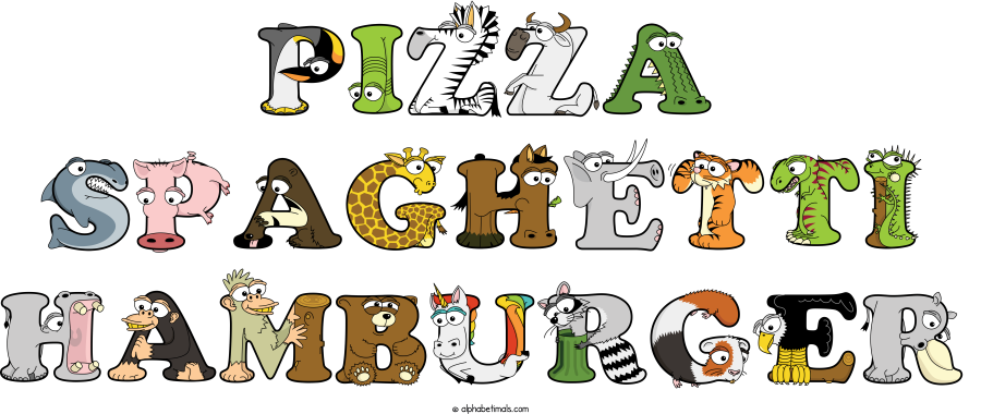 Pizza Spaghetti Hamburger animal word art spelling Pizza Spaghetti Hamburger with Alphabetimals - cartoon alphabet animals