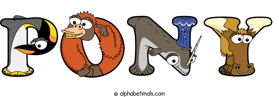 Pony animal word art spelling Pony with Alphabetimals - cartoon alphabet animals