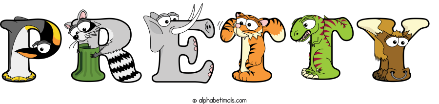 Pretty animal word art spelling Pretty with Alphabetimals - cartoon alphabet animals