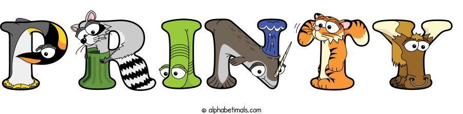 Printy animal word art spelling Printy with Alphabetimals - cartoon alphabet animals