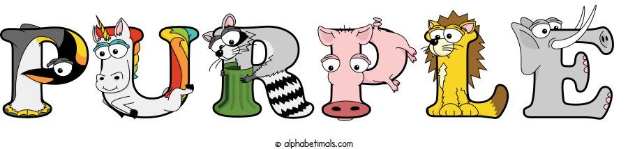 Purple animal word art spelling Purple with Alphabetimals - cartoon alphabet animals
