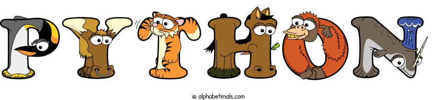 Python animal word art spelling Python with Alphabetimals - cartoon alphabet animals