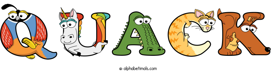 Quack animal word art spelling Quack with Alphabetimals - cartoon alphabet animals