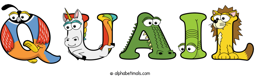 Quail animal word art spelling Quail with Alphabetimals - cartoon alphabet animals