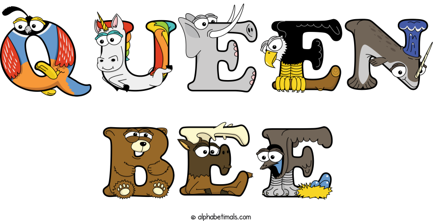 Queen Bee animal word art spelling Queen Bee with Alphabetimals - cartoon alphabet animals
