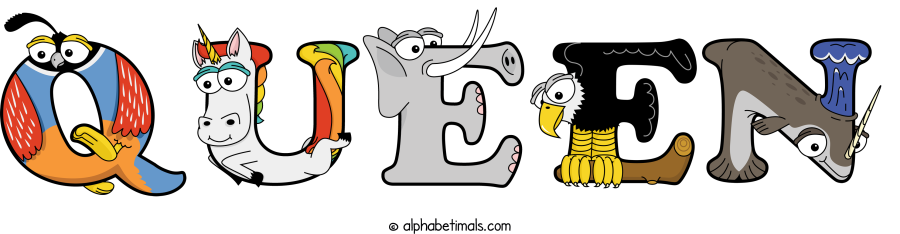 Queen animal word art spelling Queen with Alphabetimals - cartoon alphabet animals