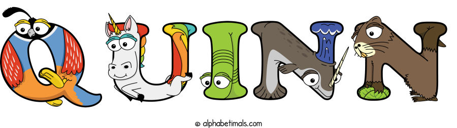 Quinn animal word art spelling Quinn with Alphabetimals - cartoon alphabet animals
