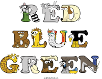 red-blue-green spelled using animal alphabet letters