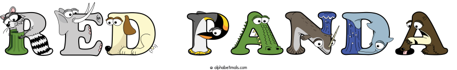 Red Panda animal word art spelling Red Panda with Alphabetimals - cartoon alphabet animals