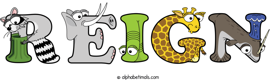 Reign animal word art spelling Reign with Alphabetimals - cartoon alphabet animals