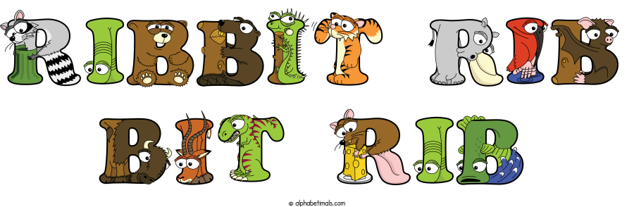Ribbit Rib Bit Rib animal word art spelling Ribbit Rib Bit Rib with Alphabetimals - cartoon alphabet animals