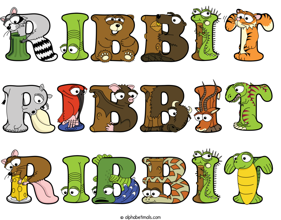 Ribbit Ribbit Ribbit animal word art spelling Ribbit Ribbit Ribbit with Alphabetimals - cartoon alphabet animals