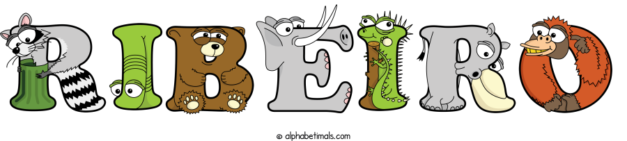Ribeiro animal word art spelling Ribeiro with Alphabetimals - cartoon alphabet animals