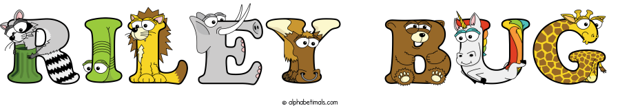 Riley Bug animal word art spelling Riley Bug with Alphabetimals - cartoon alphabet animals