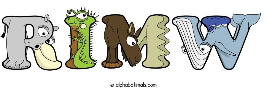 Rimw animal word art spelling Rimw with Alphabetimals - cartoon alphabet animals