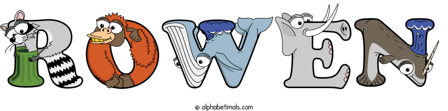 Rowen animal word art spelling Rowen with Alphabetimals - cartoon alphabet animals