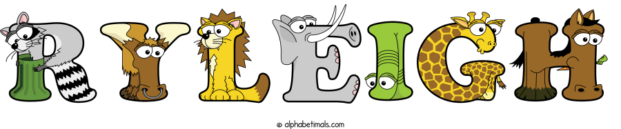 Ryleigh animal word art spelling Ryleigh with Alphabetimals - cartoon alphabet animals
