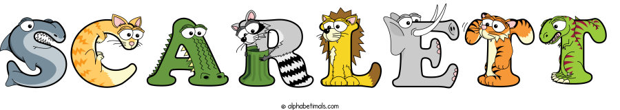 Scarlett animal word art spelling Scarlett with Alphabetimals - cartoon alphabet animals