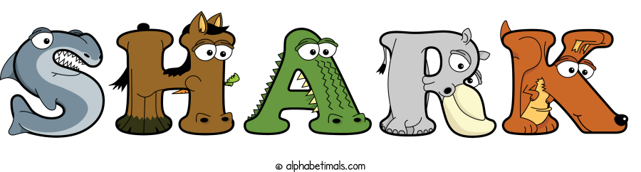 Shark animal word art spelling Shark with Alphabetimals - cartoon alphabet animals