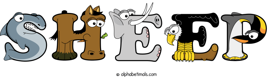 Sheep animal word art spelling Sheep with Alphabetimals - cartoon alphabet animals