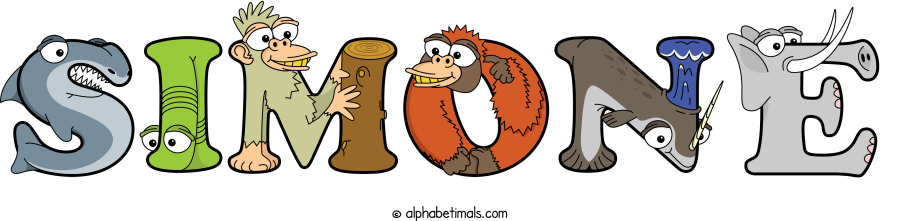 Simone animal word art spelling Simone with Alphabetimals - cartoon alphabet animals