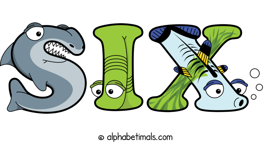 Six animal word art spelling Six with Alphabetimals - cartoon alphabet animals