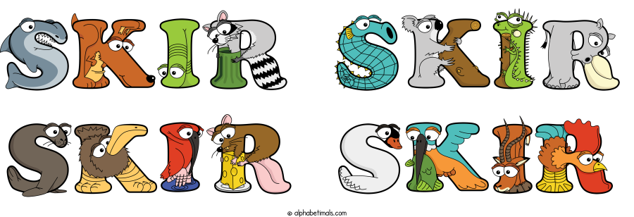 Skir Skir Skir Skir animal word art spelling Skir Skir Skir Skir with Alphabetimals - cartoon alphabet animals