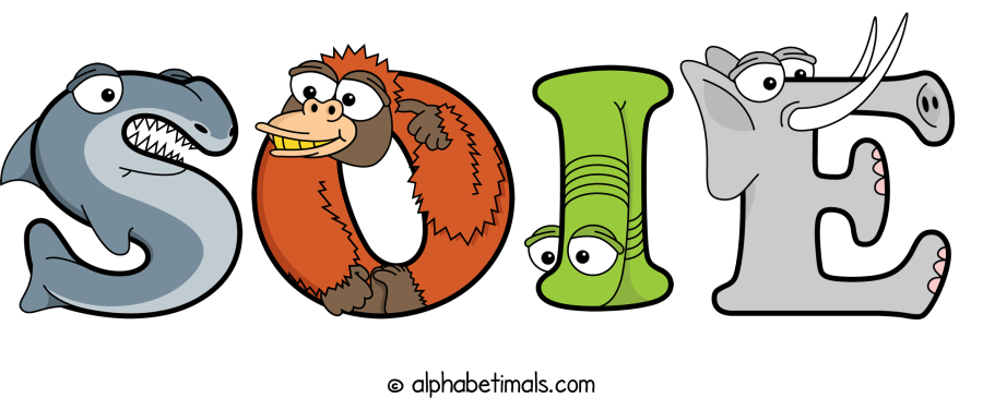 Soie animal word art spelling Soie with Alphabetimals - cartoon alphabet animals