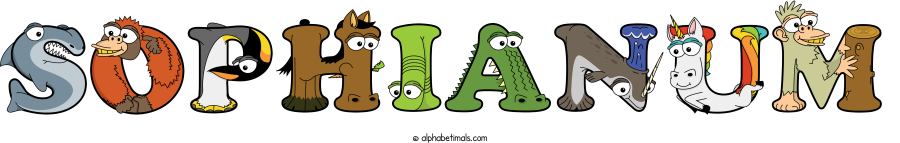 Sophianum animal word art spelling Sophianum with Alphabetimals - cartoon alphabet animals