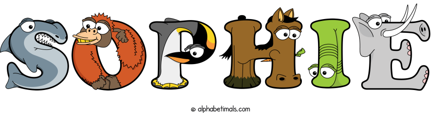 Sophie animal word art spelling Sophie with Alphabetimals - cartoon alphabet animals