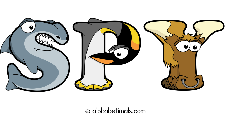 Spy animal word art spelling Spy with Alphabetimals - cartoon alphabet animals