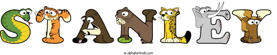 Stanley animal word art spelling Stanley with Alphabetimals - cartoon alphabet animals