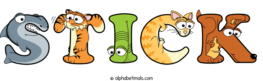 Stick animal word art spelling Stick with Alphabetimals - cartoon alphabet animals