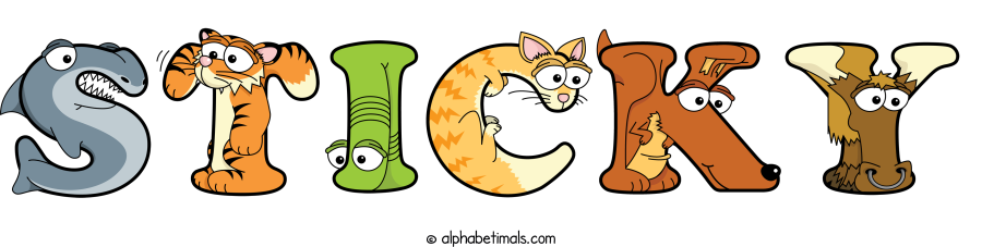 Sticky animal word art spelling Sticky with Alphabetimals - cartoon alphabet animals