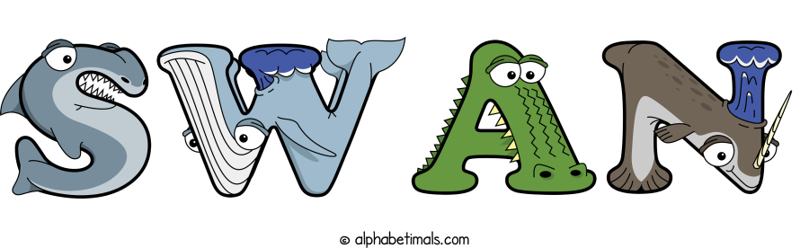 Swan animal word art spelling Swan with Alphabetimals - cartoon alphabet animals