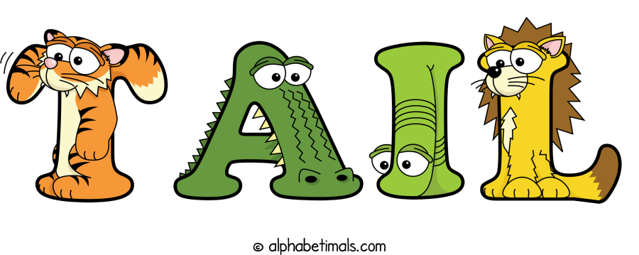 Tail animal word art spelling Tail with Alphabetimals - cartoon alphabet animals
