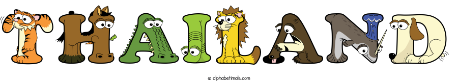 Thailand animal word art spelling Thailand with Alphabetimals - cartoon alphabet animals