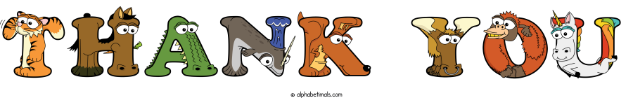 Thank You animal word art spelling Thank You with Alphabetimals - cartoon alphabet animals